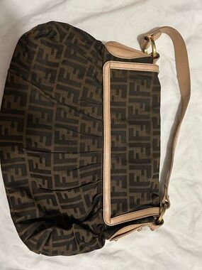 Fendi Black and Brown Zucca Canvas Shoulder Tote with Tan Trim